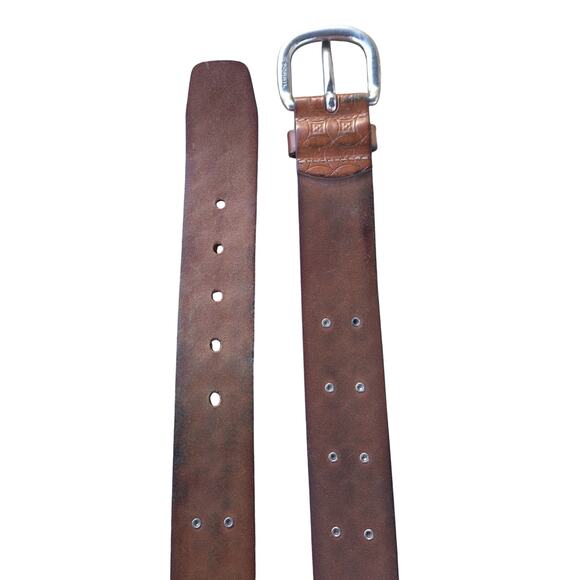 Fossil Brown Embossed Leather Studded Belt Silver Tone Western Boho Size Large